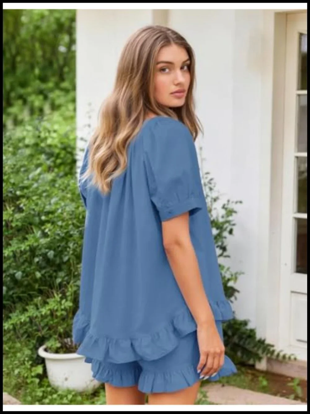 Cotton Ruffle Pajama Set for Women Button Up Short Sleeve Sleepwear